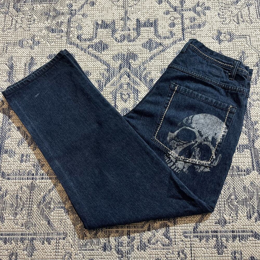 VTG Y2K Karl Kani Gold Baggy Skull Print Dark Blue Skate Jeans SZ 32x30